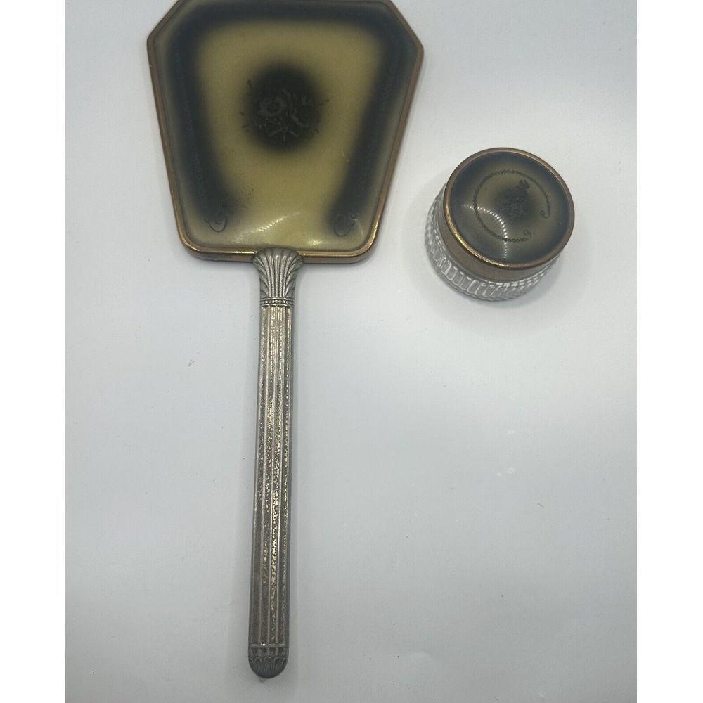 VTG Antique Vanity Hand Mirror And Powder Jar Ornate